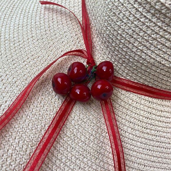 Wide Brim Straw Grass Woven Sun Hat with Cherries Womans Beach Boho Peasant - Picture 9 of 13